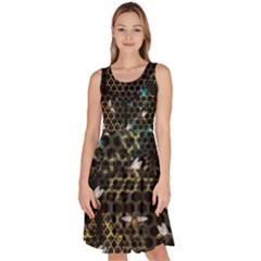 Bee Honeycombs Black Honey Insect Knee Length Skater Dress With Pockets