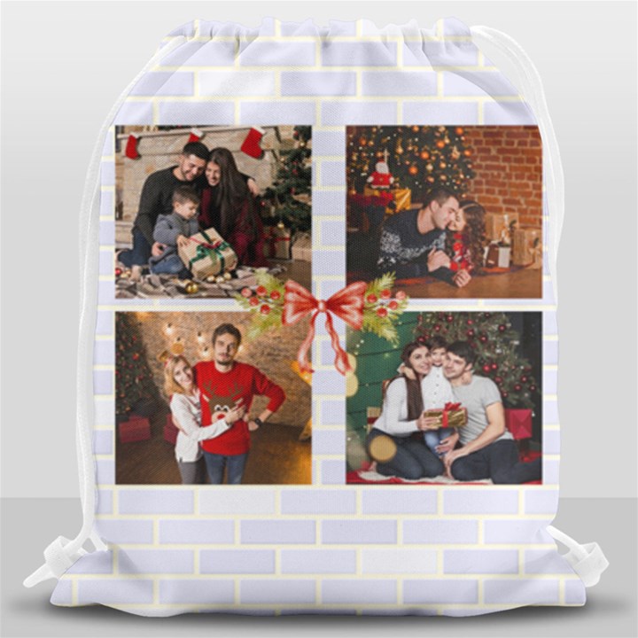 Personalized 4 Photo Any Text Xmas Drawstring Bag Drawstring Bag (Large)