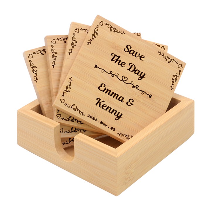 Personalized Wedding Family Any Text Name Bamboo Coaster Set Bamboo Coaster Set