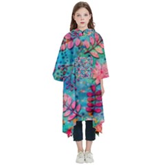 Pink On Blue Leaves Kids  Hooded Rain Ponchos