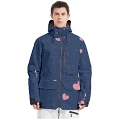 Corazones, Blue, Pattern Men s Multi Pockets Zip Ski And Snowboard Waterproof Breathable Jacket