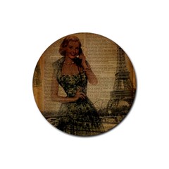 Retro Telephone Lady Vintage Newspaper Print Pin Up Girl Paris Eiffel Tower Drink Coaster (round)