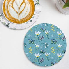 Butterfly Flower Blue Background Uv Print Round Tile Coaster