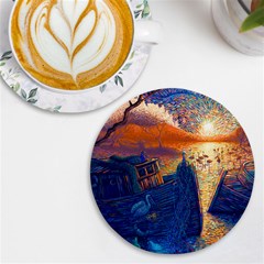 Digital Art Fantasy Impressionism Painting Ship Boat Psychedelic Peacock Mushroom Flamingos Hipwreck Uv Print Round Tile Coaster
