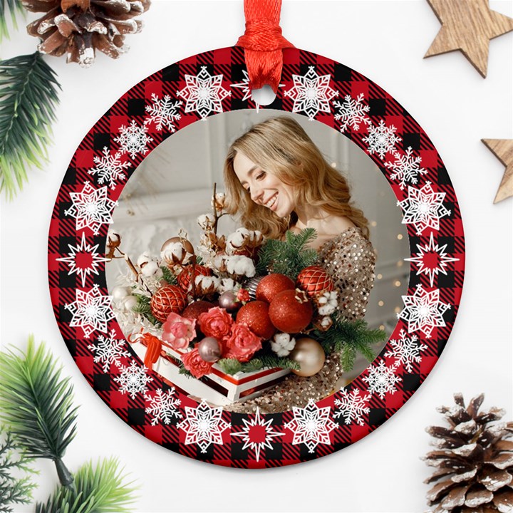 Personalized Photo Any Text Checked Pattern Christmas Round Ornament Round Ornament (Two Sides)