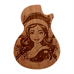 Young Woman With Santa Claus Clothes Isolated Illustration Wb Guitar Shape Wood Guitar Pick Holder Case And Picks Set