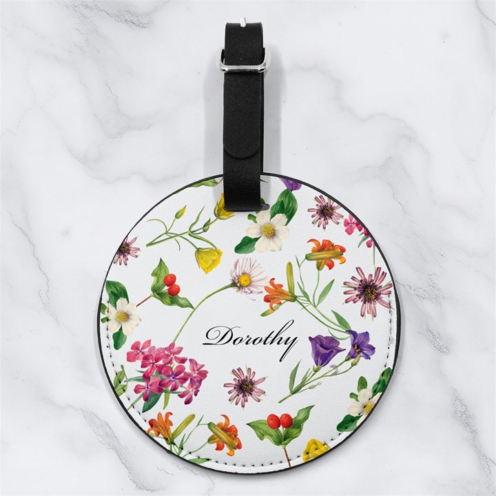 Custom Hand Drawn Floral Name Any Text Nappa Leather Luggage Tag Round