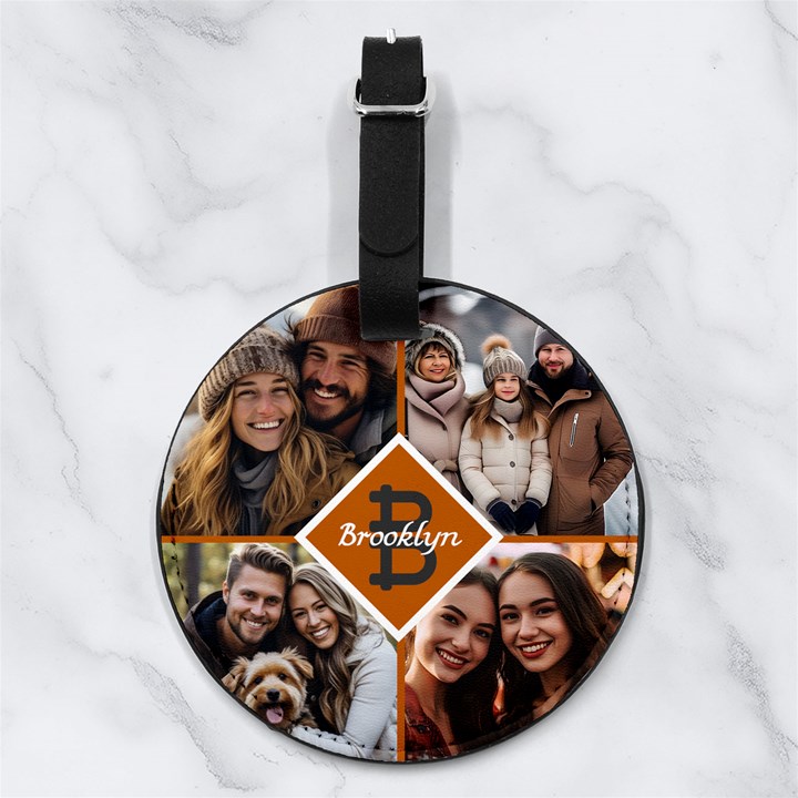 Custom Initial Name Any Text Photo Nappa Leather Luggage Tag Round