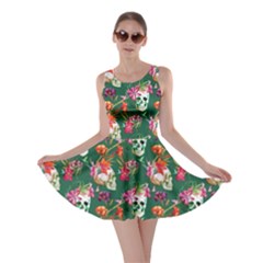 Dark Green Skull And Flowers Pattern Skater Dress
