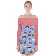Cat Pineapples Cut Long Sleeve Off Shoulder Dress