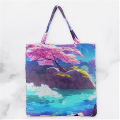 Fantasy Japan Mountains Cherry Blossoms Nature Grocery Tote Bag