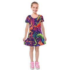Colorful Floral Patterns, Abstract Floral Background Kids  Short Sleeve Velvet Dress