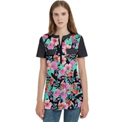 Flower Black Pink Women s Zip Front V-neck Short Sleeve Casual Top Pocket Shirt