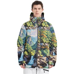 Serene Mountain Waterfall Landscape Men s Multi Pockets Zip Ski And Snowboard Waterproof Breathable Jacket