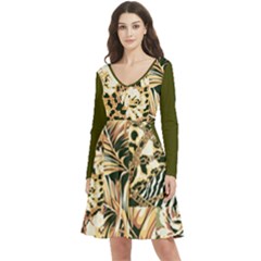 Floral Leaf Chain Patchwork Pattern Long Sleeve V-neck Skater Dress With Pockets
