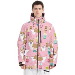 Corgi Bubble Boba Tea Pink Pattern Men s Multi Pockets Zip Ski And Snowboard Waterproof Breathable Jacket