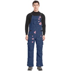 Corazones, Blue, Pattern Men s Side Zip Front Pouch Ski And Snowboard Bib Pants	