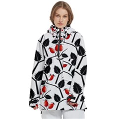 Rose Hip Pattern Branches Autumn Women s Pullover Zip Ski And Snowboard Waterproof Breathable Jacket