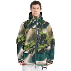Waterfall Rocks Jungle Forest Men s Multi Pockets Zip Ski And Snowboard Waterproof Breathable Jacket
