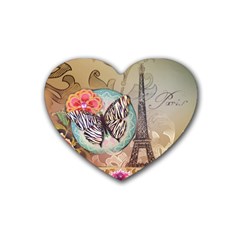 Fuschia Flowers Butterfly Eiffel Tower Vintage Paris Fashion Drink Coasters (heart)