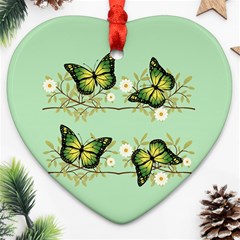 Four Green Butterflies Heart Ornament (two Sides)