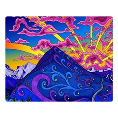 Psychedelic Colorful Lines Nature Mountain Trees Snowy Peak Moon Sun Rays Hill Road Artwork Stars Sk Premium Plush Fleece Blanket (large)