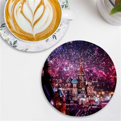 Moscow Kremlin Saint Basils Cathedral Architecture  Building Cityscape Night Fireworks Uv Print Round Tile Coaster