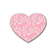 Pink Texture With White Flowers, Pink Floral Background Rubber Coaster (heart)
