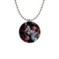 Floral Pattern, Red, Floral Print, E, Dark, Flowers 1  Button Necklace