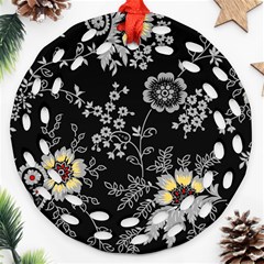 Black Background With Gray Flowers, Floral Black Texture Round Filigree Ornament (two Sides)