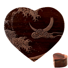 Night In The Ocean Red Waves Art Moon Dark Japanese Wave Heart Wood Jewelry Box