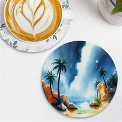 Delicate Watercolor Painting Surreal Oasis Scene With Intense Dramatic Lighting Uv Print Round Tile Coaster