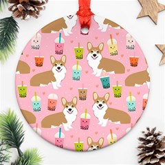 Corgi Bubble Boba Tea Pink Pattern Round Ornament (two Sides)