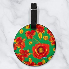 Mid Century Retro Floral 1970s 1960s Pattern 89 Nappa Leather Luggage Tag Round